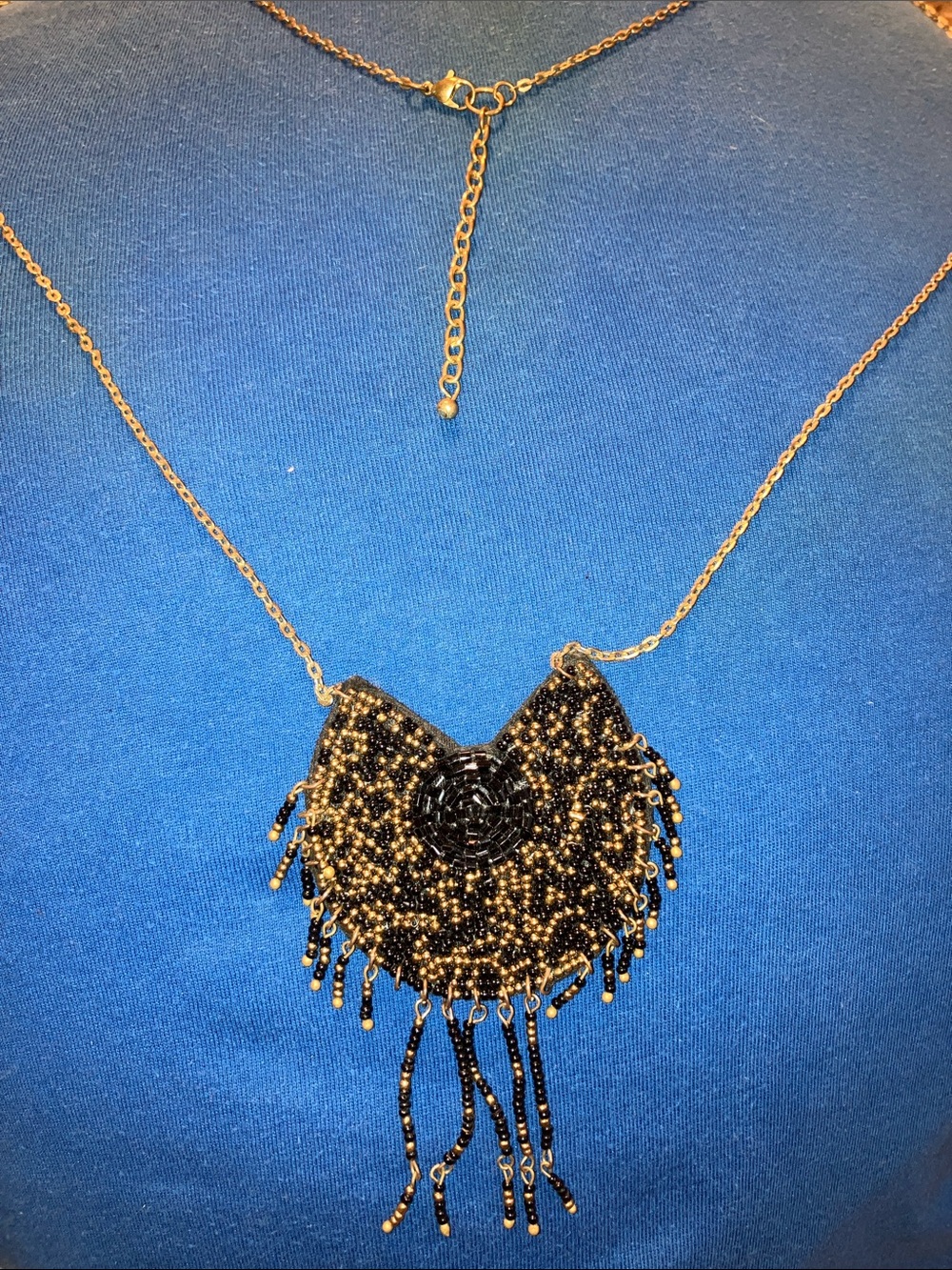 Black and Gold Beaded Fringe Statement Necklace